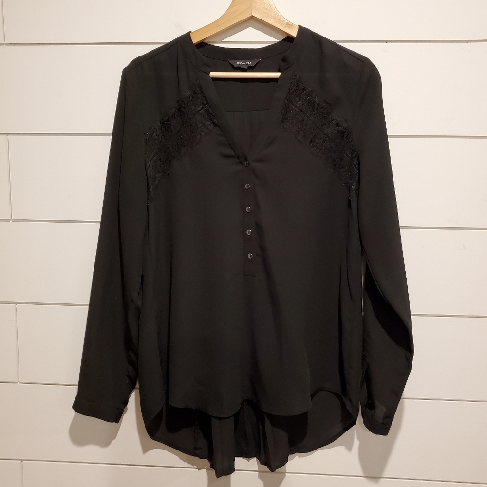 RW&co small Tunic blouse Lace black Top flowy Long Sleeve oversized Sheer Shirt
